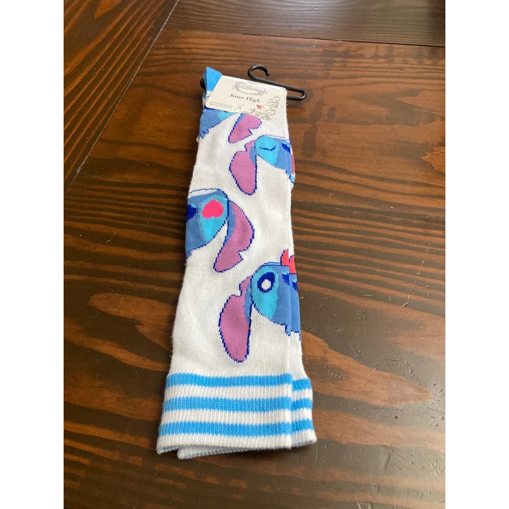 Disney Knee High Stitch Socks Cartoon Novelty White Blue NWT Shoe Size 4-10 Girl